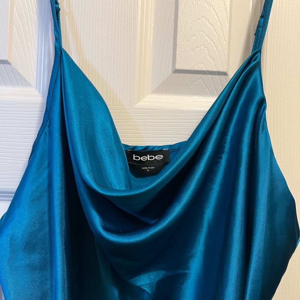 Bebe Turquoise Satin Draped Dress